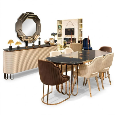 Essgruppe Essecke Esstisch Stühle Beige Set 9tlg Luxus Holz Esszimmer