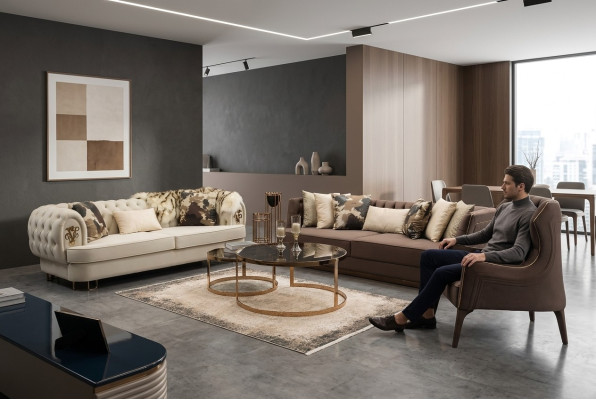 Sofagarnitur Dreisitzer Sessel Stoffsofa Polstersofa Braun Set Sofas