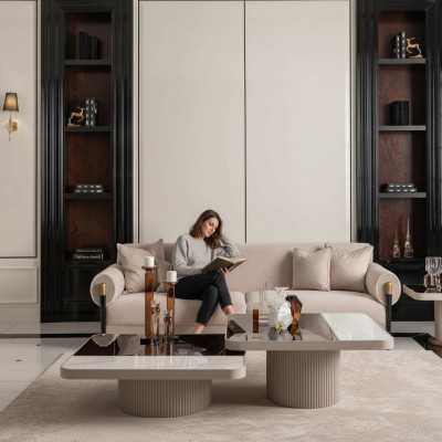 Garnitur Wohnzimmer Sofa 3 Sitzer Stoffsofa Beige Couchtische 4tlg