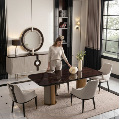 Luxus Essgruppe Esszimmer Esstisch Essecke Stühle Beige Holz Set 7tlg