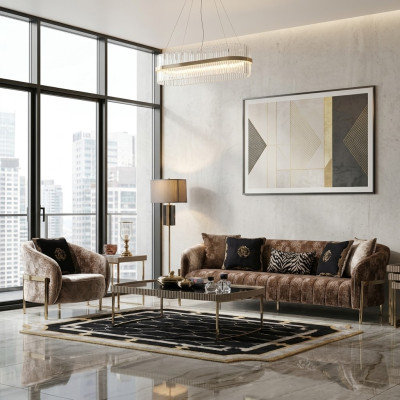 Couchgarnitur Dreisitzer Sessel Beige Stoffsofa Polstersofa Couchtisch