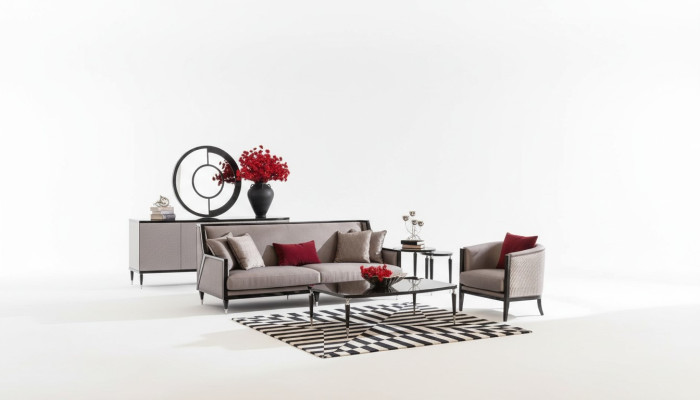 Sofagarnitur Dreisitzer Sessel Couchtische Set 5tlg Grau Stoffsofa