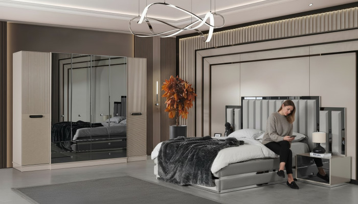 Komplette Schlafzimmer Doppelbett Bett Nachttische 4tlg Grau Schrank
