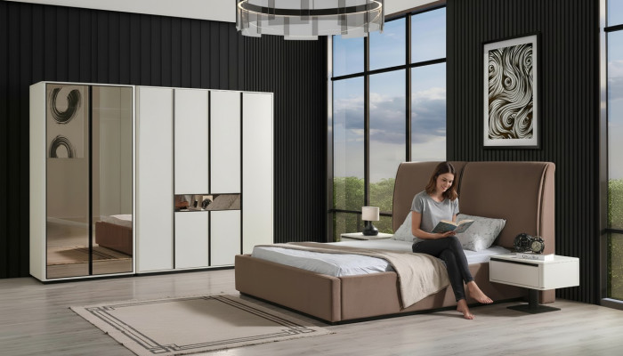 Schlafzimmer Garnitur Doppelbett Bett Nachttische 4tlg Beige Schrank