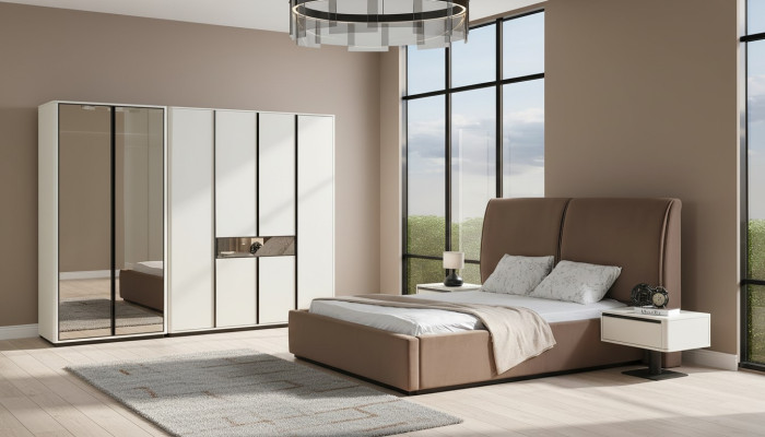 Schlafzimmer Garnitur Doppelbett Bett Nachttische 4tlg Beige Schrank