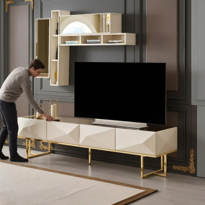 Sideboard RTV Lowboard Wohnwand TV Ständer Schrank Holz Beige Regale