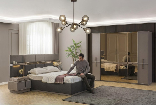 Garnitur Schlafzimmer Doppelbett Bett Nachttische Schrank 4tlg Grau