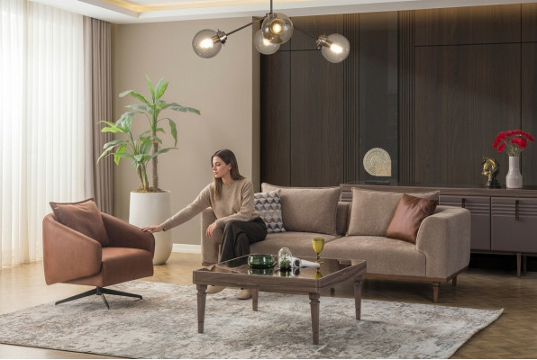 Sofagarnitur Dreisitzer Sessel Polstersofa Modern Stoffsofa Braun Set