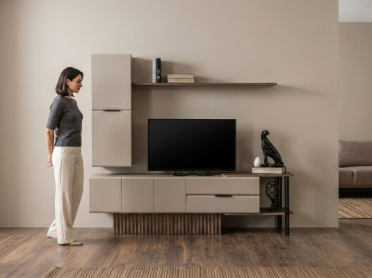 Wohnwand TV Ständer Wandschrank RTV Lowboard Beige Holz Regale