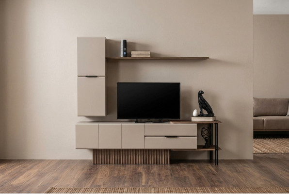Wohnwand TV Ständer Wandschrank RTV Lowboard Beige Holz Regale