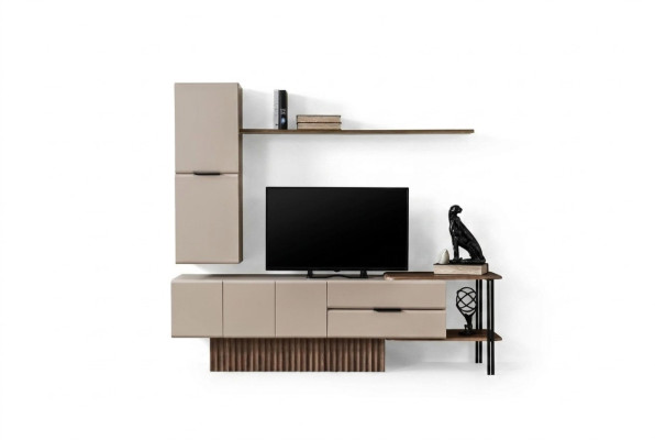 Wohnwand TV Ständer Wandschrank RTV Lowboard Beige Holz Regale