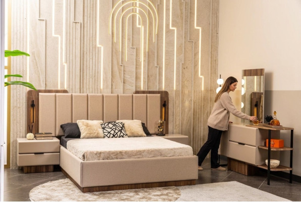 Schlafzimmer Garnitur Doppelbett Nachttische Beige Stoff 4tlg Schmink