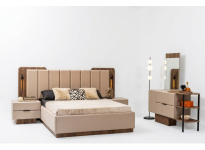 Schlafzimmer Garnitur Doppelbett Nachttische Beige Stoff 4tlg Schmink