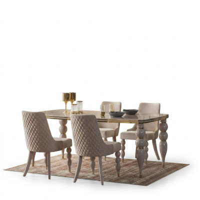 Dunkel-Beige Essgruppe Designer Holz Esstisch x6 Stühle 7tlg Luxus Set