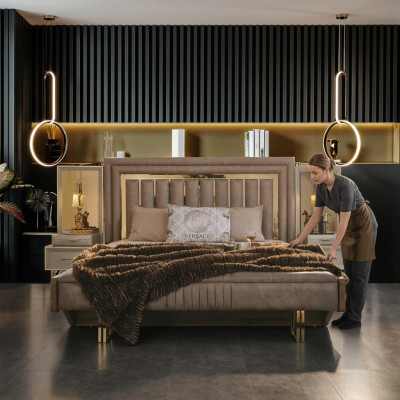 Komplette Schlafzimmermöbel Doppelbett Bett Nachttische Beige 3tlg
