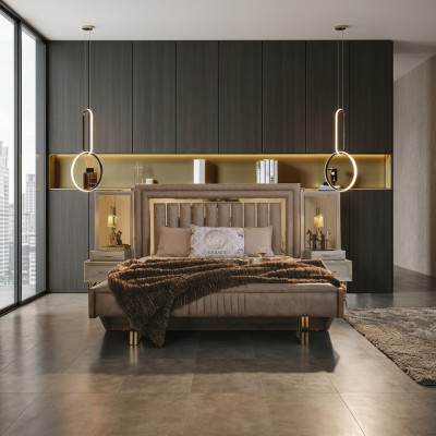 Komplette Schlafzimmermöbel Doppelbett Bett Nachttische Beige 3tlg