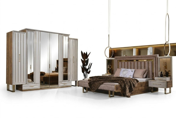 Komplette Schlafzimmermöbel Doppelbett Bett Nachttische Beige 4tlg