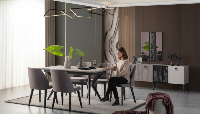 Essgruppe Essecke Esstisch Stühle Holz Grau Esszimmer 9tlg Anrichte