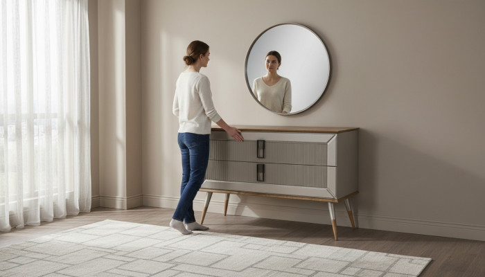 Braune Designer Kommode Edler Rundspiegel Luxus Schminktisch Set 2tlg