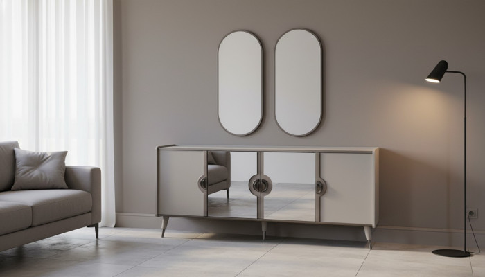 Graue Möbel Garnitur Designer 4-türiges Sideboard Exklusive Spiegel 3tlg