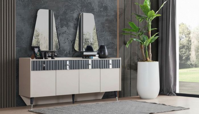 Komplette Garnitur Designer Beige Anrichte Sideobard 2x Spiegel 3tlg Set