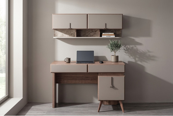 Beiger Schreibtisch Luxuriöser Bürotisch Wandschrank Computertisch Set