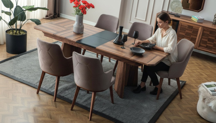 Komplette Essgruppe Designer Essecke Holz Esstisch 6x Polsterstühle