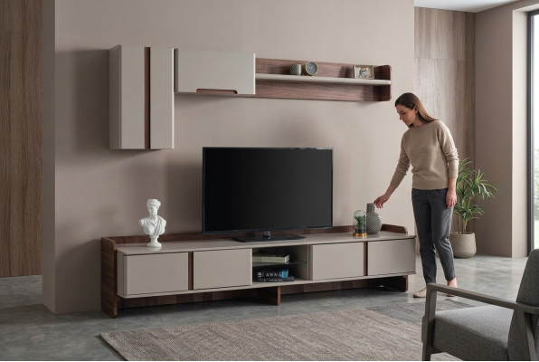 Weiße Wohnzimmer Wohnwand Luxuriöse Möbel RTV Lowboard Regale Sideboard