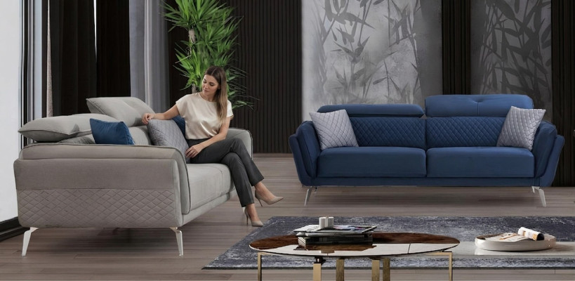 Designer Polster Couchgarnitur Blau-Graue Stoffsofas Luxus 2x 3-Sitzer