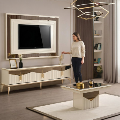 Luxus Wohnwand TV Ständer Wandpanel Wohnzimmer RTV Lowboard Gold