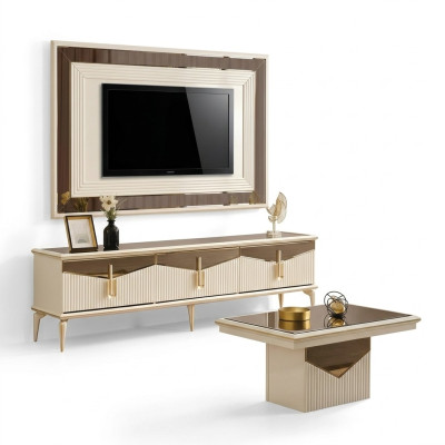 Luxus Wohnwand TV Ständer Wandpanel Wohnzimmer RTV Lowboard Gold