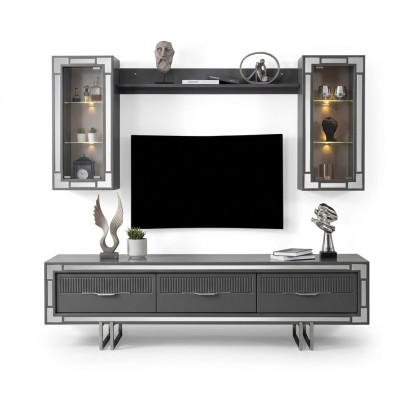 Wohnwand TV Ständer Schranke Couchtisch RTV Lowboard Grau Set 3tlg