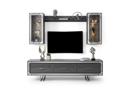 Wohnwand TV Ständer Schranke Couchtisch RTV Lowboard Grau Set 3tlg