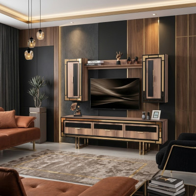 Garnitur Wohnwand TV Ständer Schranke RTV Lowboard Braun Wohnzimmer