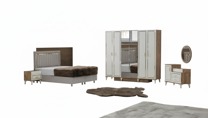 Weiß-Goldene Schlafzimmer Garnitur Schlafbett Kleiderschrank Kommode