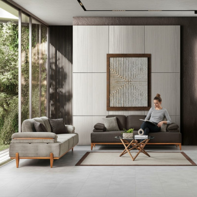 Stilvolle Sofagarnitur Designer Stoffsofa Polstersofas Holzgestell Möbel