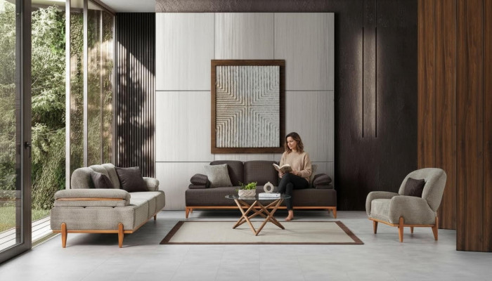 Komplette Braun-Graue Wohnzimmer Sitzgarnitur Polstersofas Sessel 3tlg