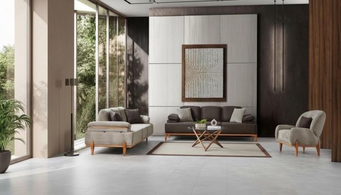 Komplette Braun-Graue Wohnzimmer Sitzgarnitur Polstersofas Sessel 3tlg