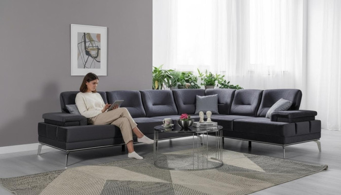 Graue Polstercouch Designer Edelstahl Ecksofa Moderne Wohnzimmer Möbel