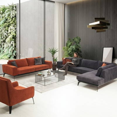 Grau-Orange Couchgarnitur Luxuriöse Wohnzimmer Möbel 3-Sitzer Ecksofa