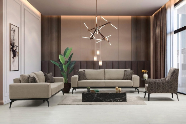 Beige Stoffsofas Komplette Garnitur Dreisitzer Polstersofas Lehnsessel