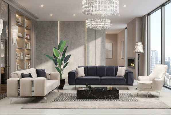 Luxus Couchgarnitur Dreisitzer Sessel Couch Beige Stoffsofa Sofas 3tlg