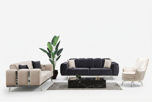 Luxus Couchgarnitur Dreisitzer Sessel Couch Beige Stoffsofa Sofas 3tlg