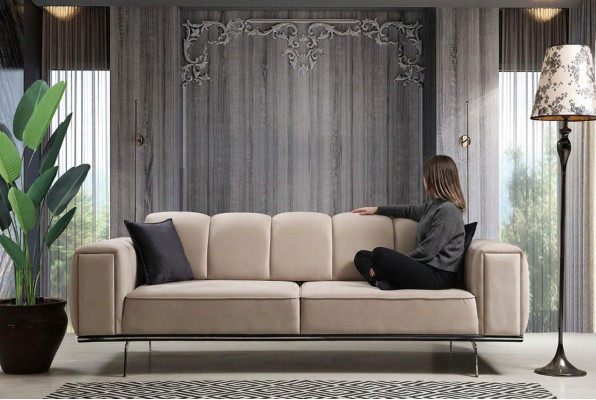 Couch Luxus Stoffsofa Dreisitzer Polstersofa Beige Sofa Stoff 3 Sitz