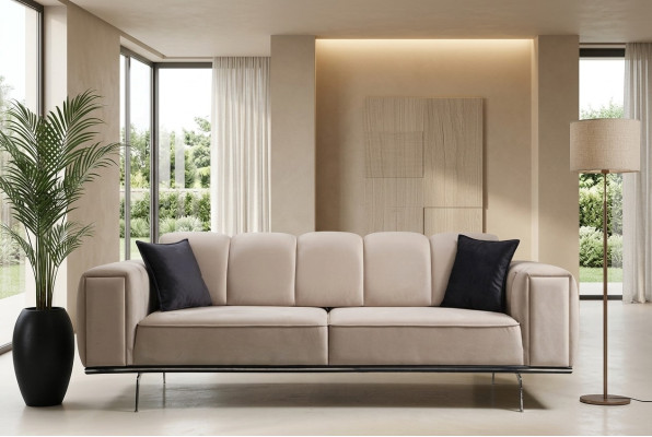 Couch Luxus Stoffsofa Dreisitzer Polstersofa Beige Sofa Stoff 3 Sitz