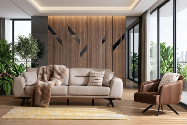 Sofagarnitur Klassischе Stoffsofa Dreisitzer Sessel Beige Polstersofa