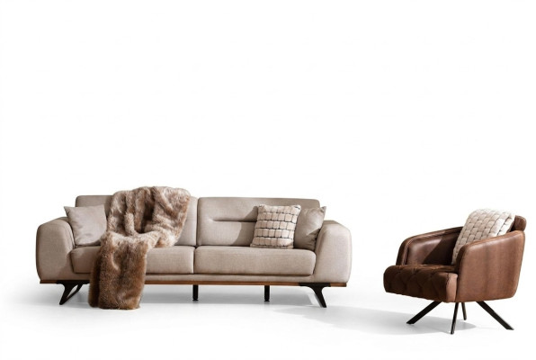 Sofagarnitur Klassischе Stoffsofa Dreisitzer Sessel Beige Polstersofa