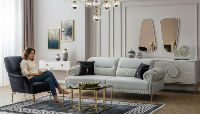 Gruppe Sofas Dreisitzer Sessel Couch Polstersofa Stoffsofa Blau 2tlg