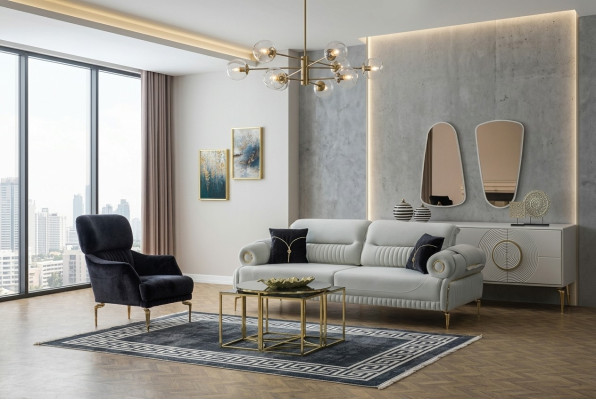 Gruppe Sofas Dreisitzer Sessel Couch Polstersofa Stoffsofa Blau 2tlg