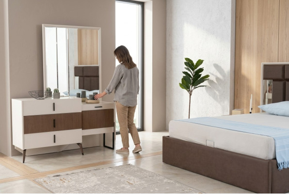Frisiertisch Schminktisch Schminkkommode Spiegel Holz Beige Konsole